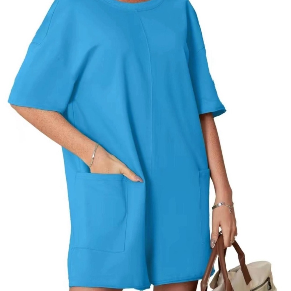 Blue Short Sleeve Dress with Pockets